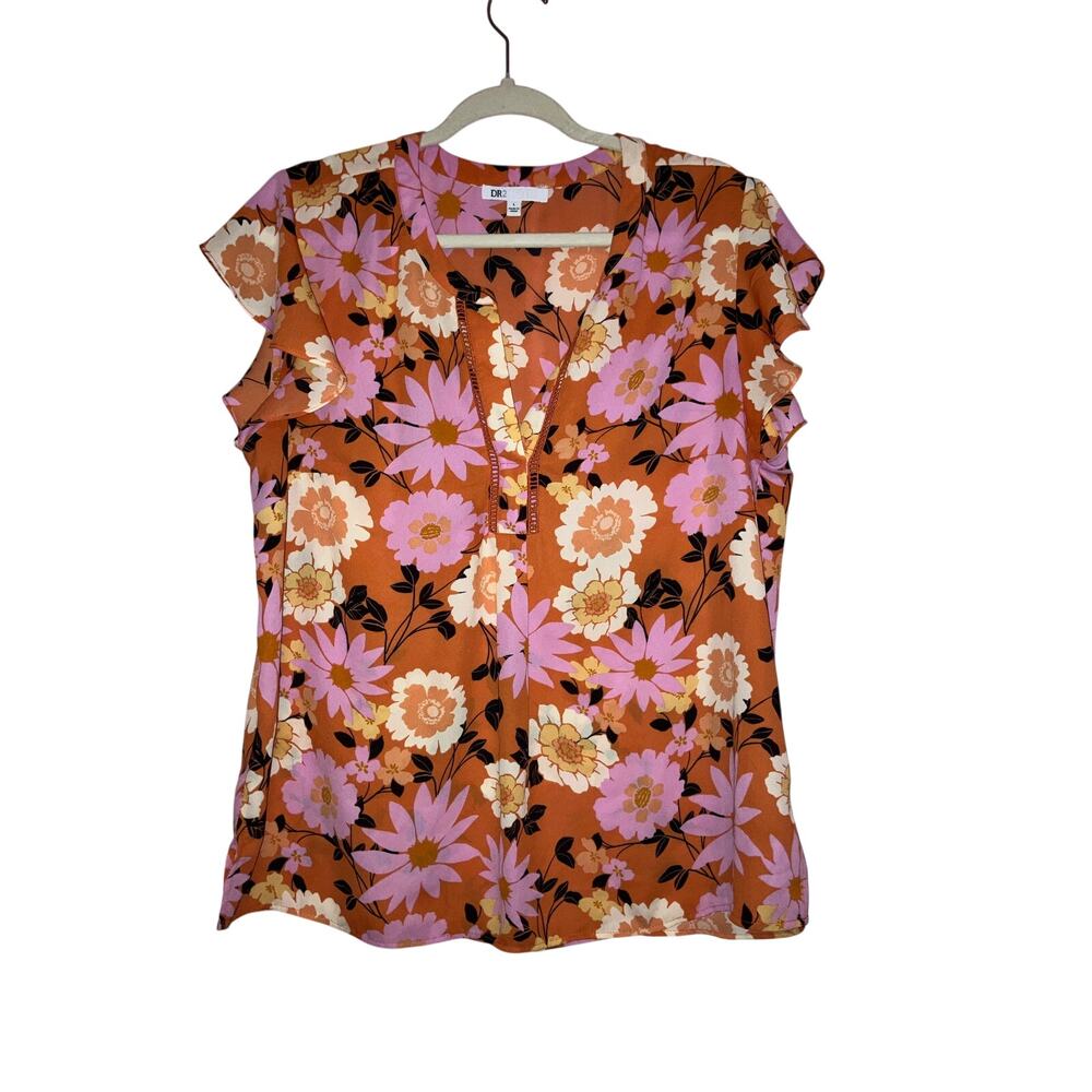 DR2 Retro Boho Floral Split V-Neck Top Flutter Sleeves Large